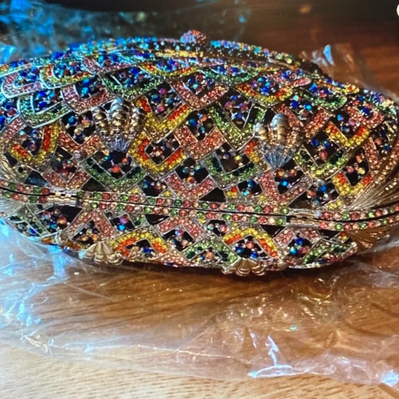Bejeweled Owl Fancy Dinner Bag - Multi Colored Gemstone Owls Face - New Silk Box - Picture 6 of 12